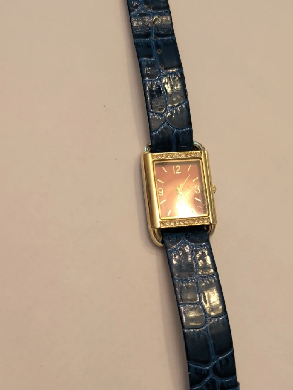Vintage Blue Strap Gold-Tone Rectangular Watch with Red Dial